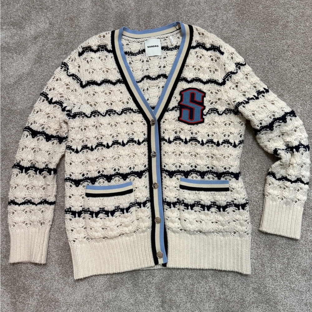 Sandro - Ludvik Cream Crochet Cardigan Sweater w Logo Patch Pocket - size Small - Picture 3 of 14